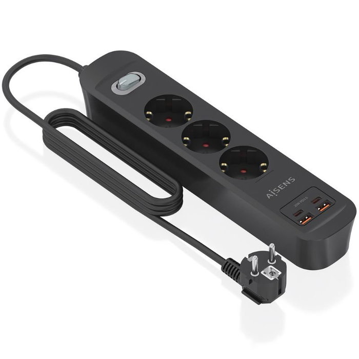 Aisens Regleta con Interruptor ASPS-2A2C11-BK con 3 Tomas de Corriente y 4 Puertos USB, Negro